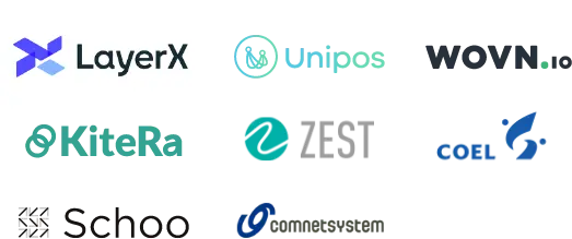 掲載事例企業のロゴ：LayerX、Unipos、WOVN.io、KiteRa、ZEST、COEL、Schoo、comnetsystem